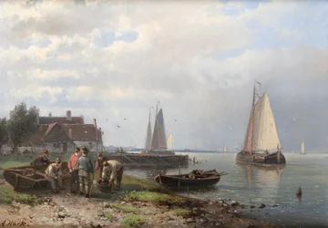 Küstenszene mit Fischerbooten und Fischern am Ufer